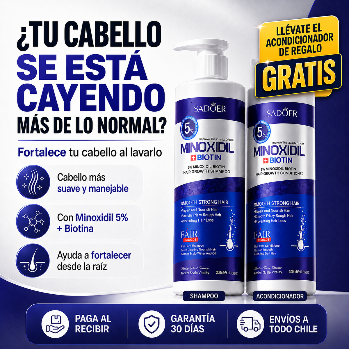 SADOER® Shampoo + Acondicionador Minoxidil 5% + Biotina Anticaida